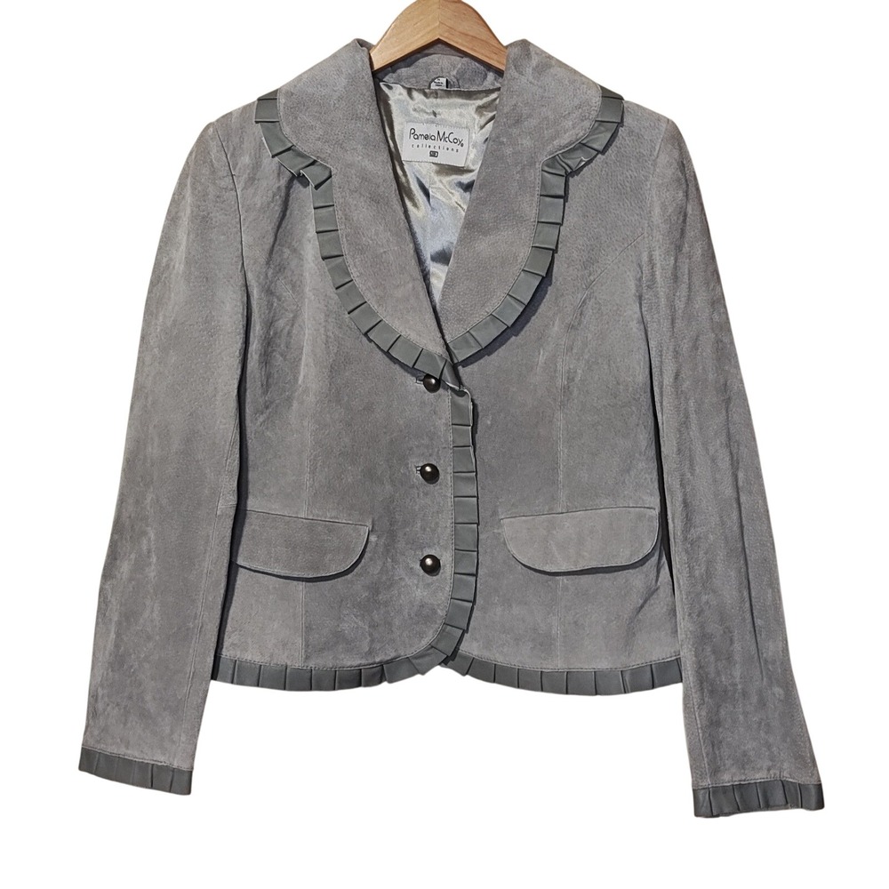 Pamela McCoy Suede Leather Blazer Women Size M Grey Ruffle Trim Pleated Jacket